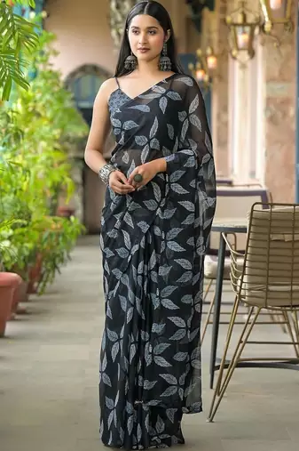 Black chiffon printed saree with blouse