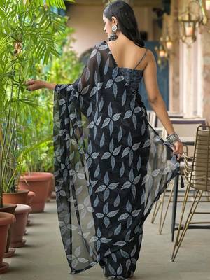 Black chiffon printed saree with blouse 4