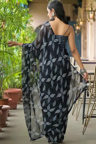 Black chiffon printed saree with blouse