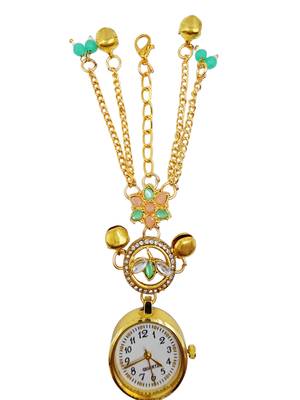 green  color women gold-toned kashmiri pearl & stone-studded ethnic wrist watch 4