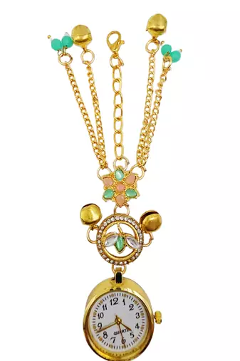 green  color women gold-toned kashmiri pearl & stone-studded ethnic wrist watch