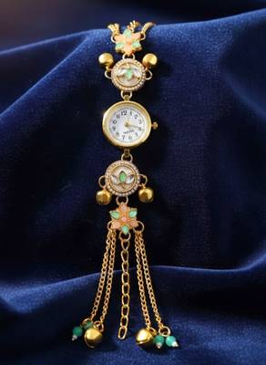 green  color women gold-toned kashmiri pearl & stone-studded ethnic wrist watch 5
