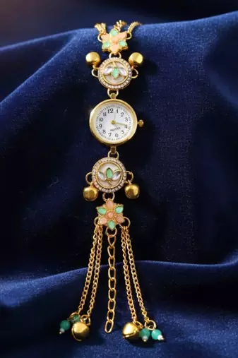 green  color women gold-toned kashmiri pearl & stone-studded ethnic wrist watch