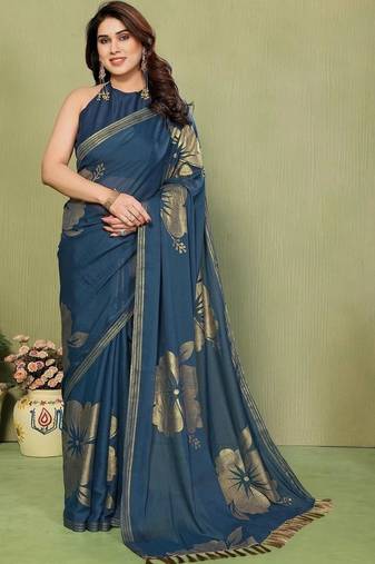 Teal pure georgette printed saree with blouse