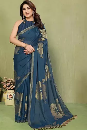 Teal pure georgette printed saree with blouse