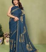 Teal pure georgette printed saree with blouse