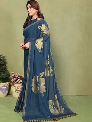 Teal pure georgette printed saree with blouse 2