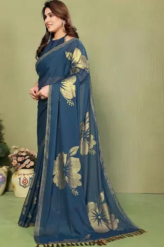 Teal pure georgette printed saree with blouse