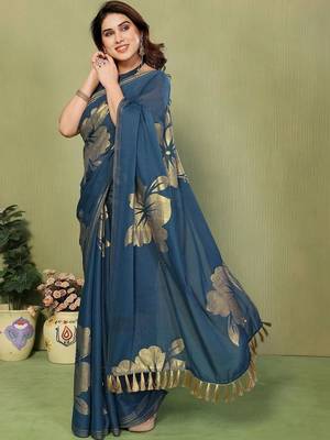 Teal pure georgette printed saree with blouse 3