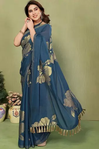 Teal pure georgette printed saree with blouse