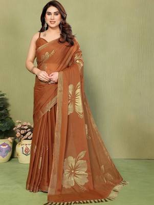 Brown pure georgette printed saree with blouse 1