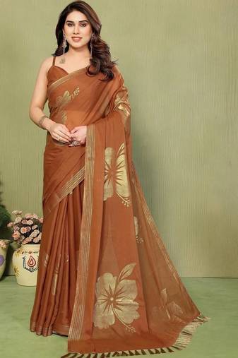 Brown pure georgette printed saree with blouse