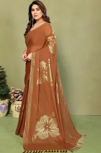 Brown pure georgette printed saree with blouse