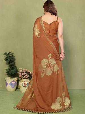 Brown pure georgette printed saree with blouse 3