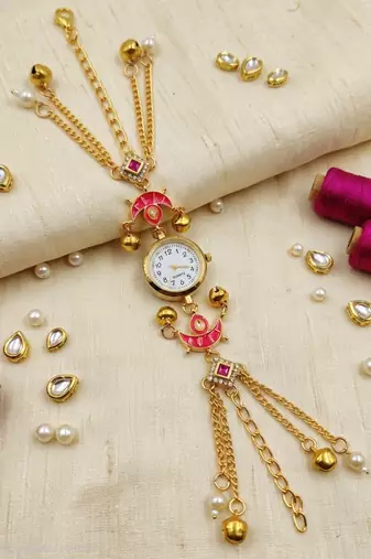 pink  color women gold-toned kashmiri pearl & stone-studded ethnic wrist watch