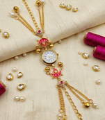 pink  color women gold-toned kashmiri pearl & stone-studded ethnic wrist watch