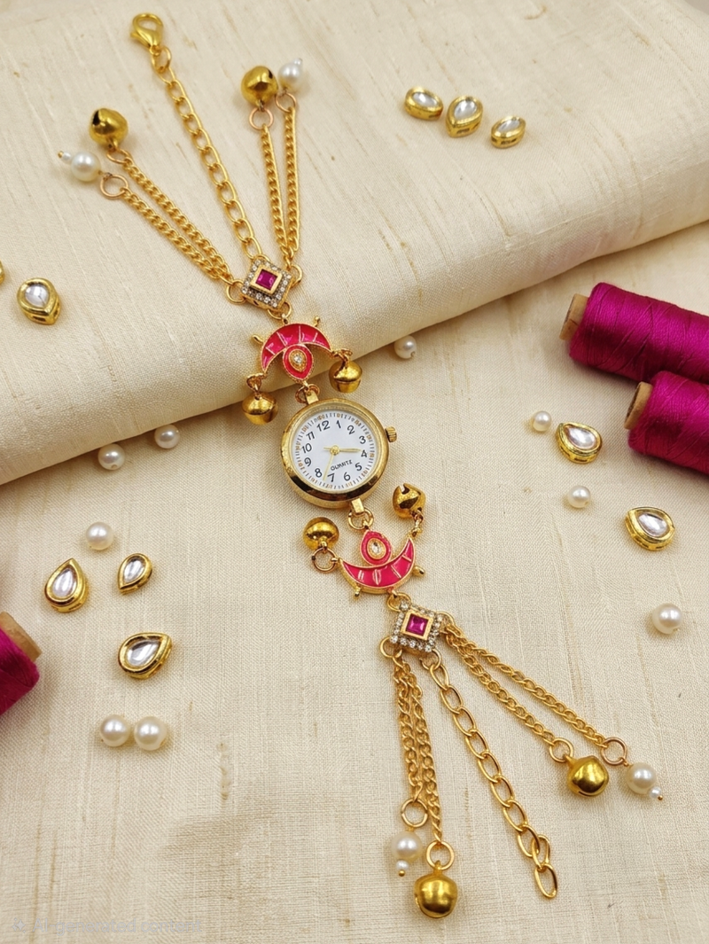 pink  color women gold-toned kashmiri pearl & stone-studded ethnic wrist watch