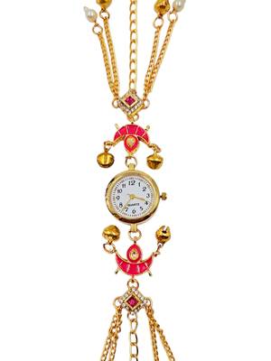 pink  color women gold-toned kashmiri pearl & stone-studded ethnic wrist watch 2