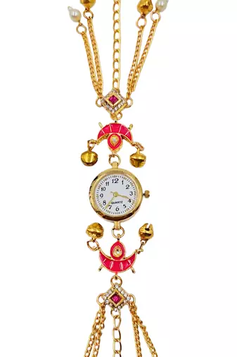pink  color women gold-toned kashmiri pearl & stone-studded ethnic wrist watch