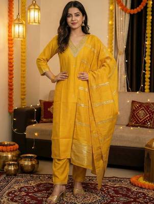 Yellow Embroidered Straight Kurta Trousers Dupatta Set 1