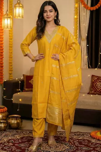 Yellow Embroidered Straight Kurta Trousers Dupatta Set