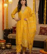Yellow Embroidered Straight Kurta Trousers Dupatta Set