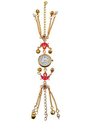 pink  color women gold-toned kashmiri pearl & stone-studded ethnic wrist watch 4