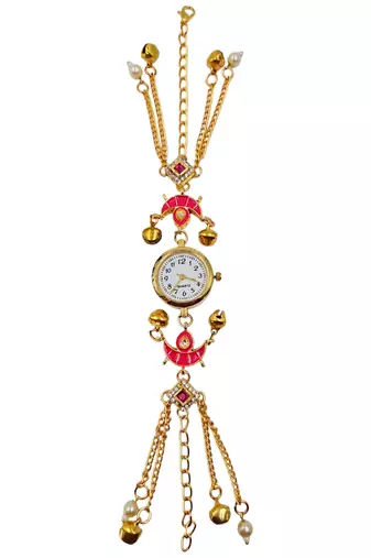 pink  color women gold-toned kashmiri pearl & stone-studded ethnic wrist watch