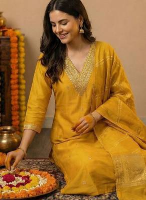 Yellow Embroidered Straight Kurta Trousers Dupatta Set 2