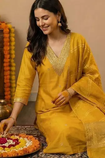 Yellow Embroidered Straight Kurta Trousers Dupatta Set