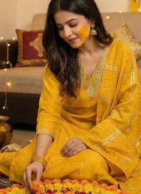 Yellow Embroidered Straight Kurta Trousers Dupatta Set 4