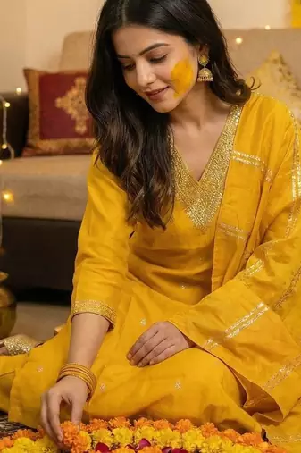 Yellow Embroidered Straight Kurta Trousers Dupatta Set