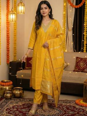 Yellow Embroidered Straight Kurta Trousers Dupatta Set 5