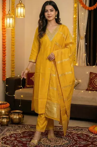Yellow Embroidered Straight Kurta Trousers Dupatta Set