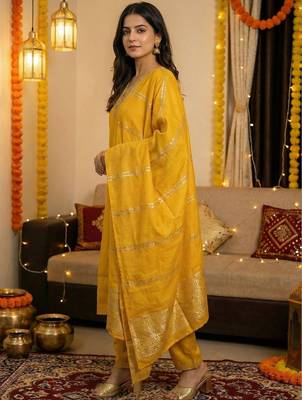 Yellow Embroidered Straight Kurta Trousers Dupatta Set 6