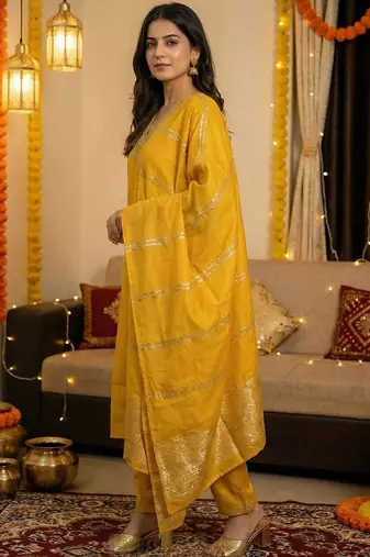 Yellow Embroidered Straight Kurta Trousers Dupatta Set