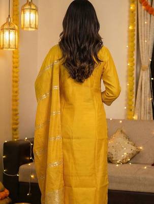 Yellow Embroidered Straight Kurta Trousers Dupatta Set 7