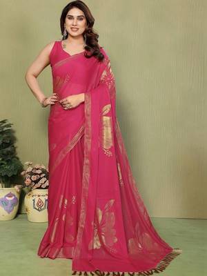 Pink pure georgette printed saree with blouse 1