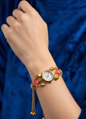 pink  color women gold-toned kashmiri pearl & stone-studded ethnic wrist watch 5