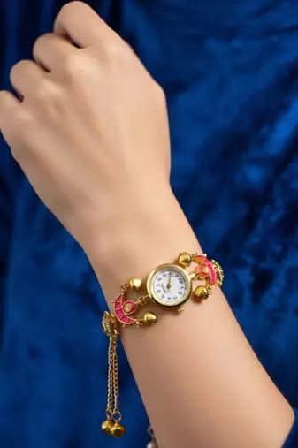pink  color women gold-toned kashmiri pearl & stone-studded ethnic wrist watch