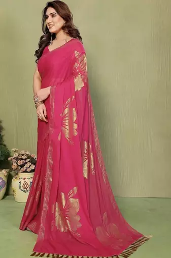 Pink pure georgette printed saree with blouse