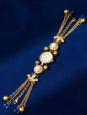 blue  color women gold-toned kashmiri pearl & stone-studded ethnic wrist watch 1