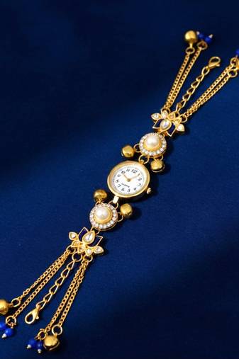 blue  color women gold-toned kashmiri pearl & stone-studded ethnic wrist watch