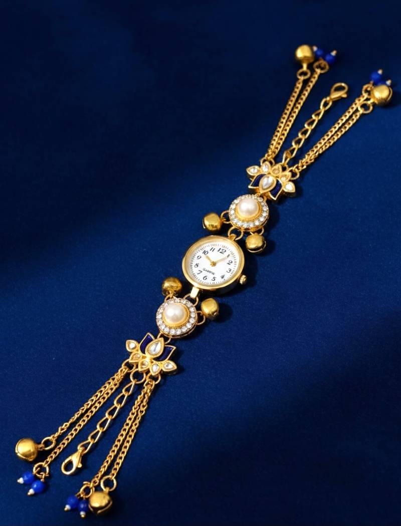 blue  color women gold-toned kashmiri pearl & stone-studded ethnic wrist watch