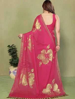 Pink pure georgette printed saree with blouse 4