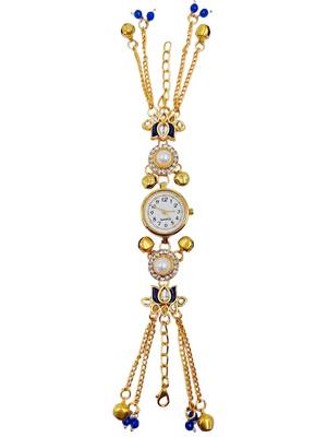 blue  color women gold-toned kashmiri pearl & stone-studded ethnic wrist watch 2
