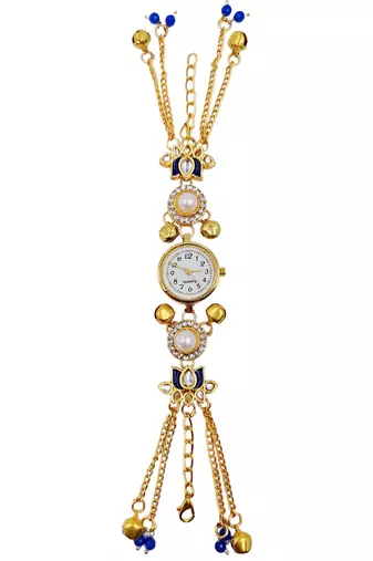 blue  color women gold-toned kashmiri pearl & stone-studded ethnic wrist watch