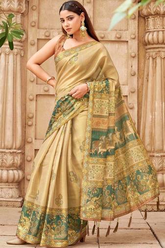 Beige polyester printed saree with blouse