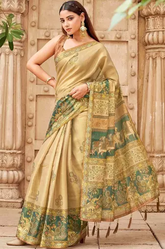 Beige polyester printed saree with blouse