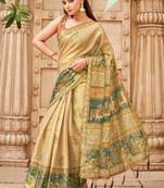 Beige polyester printed saree with blouse